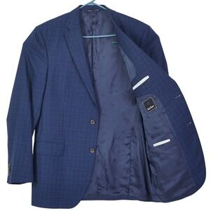 David Donahue Mens Navy Blue 44L Plaid 100% Wool Sport Coat‎ Blazer Connor SPJ